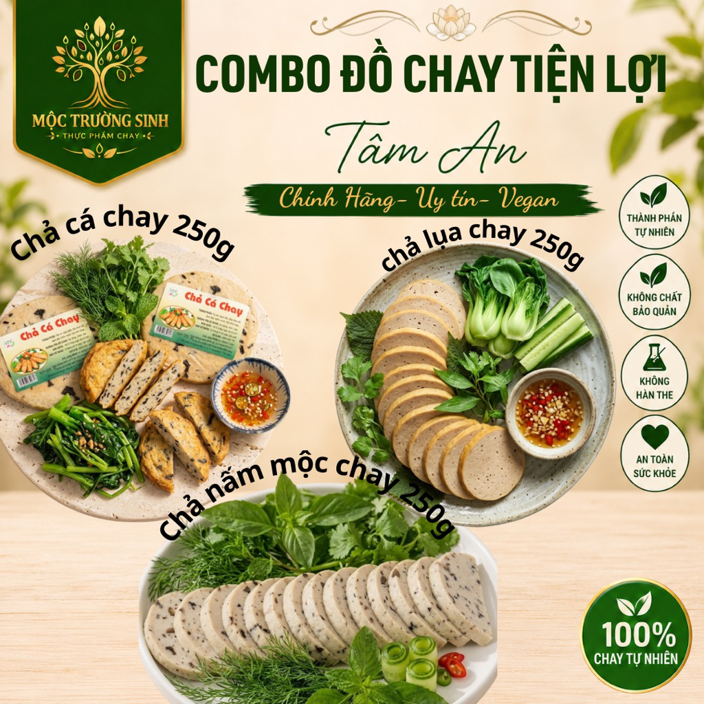 Combo 3 Món Giò Chả Chay Truyền Thống - Chả Cá Chay, Giò Lụa Chay, Giò Nấm Mộc (Set 750g Tiện Lợi)