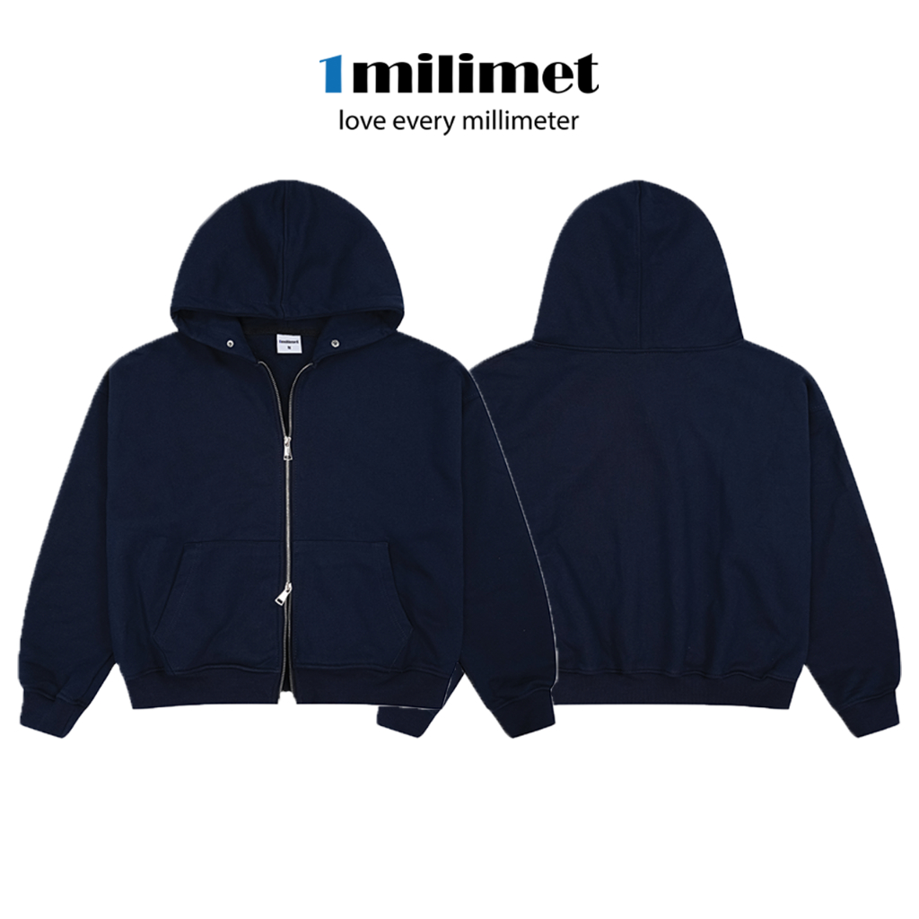 Áo Khoác Hoodie  Zip - 1MILIMET Blank 2.0 Form BOXY Unisex, Vải Chân Cua 480GSM Siêu dày - Màu Xanh 