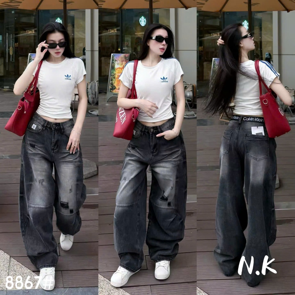 Quần Xuông Jeans CK dáng thụng ống cong phối gân hottrend