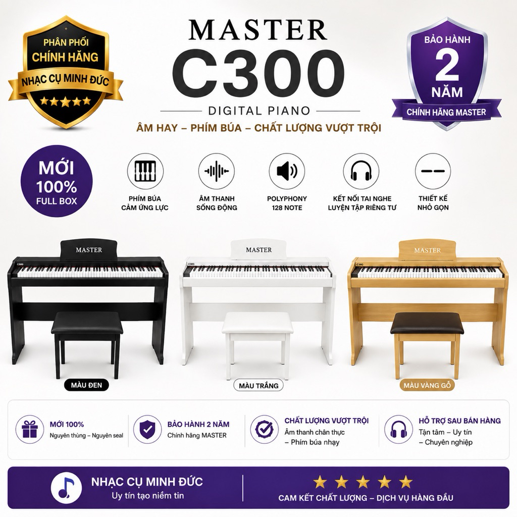 Piano Master C300 - Piano điện giá rẻ âm hay - Có 2 phiên bản phím lò xo 1 pedal và phím búa 3 pedal