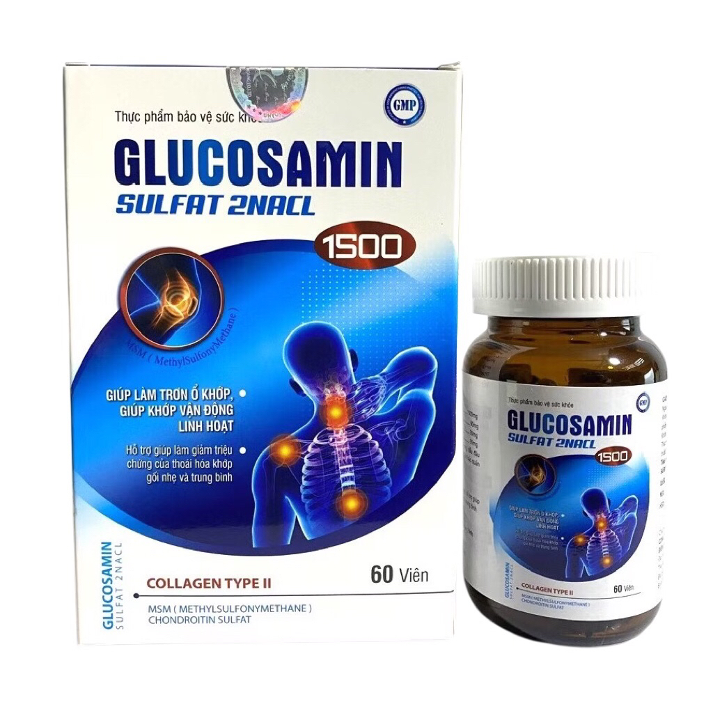 Viên uống Glucosamin Sulfat 2NaCl 1500 (Chai 60 viên) Hỗ trợ giảm đau khớp, khô khớp, giúp khớp vận 