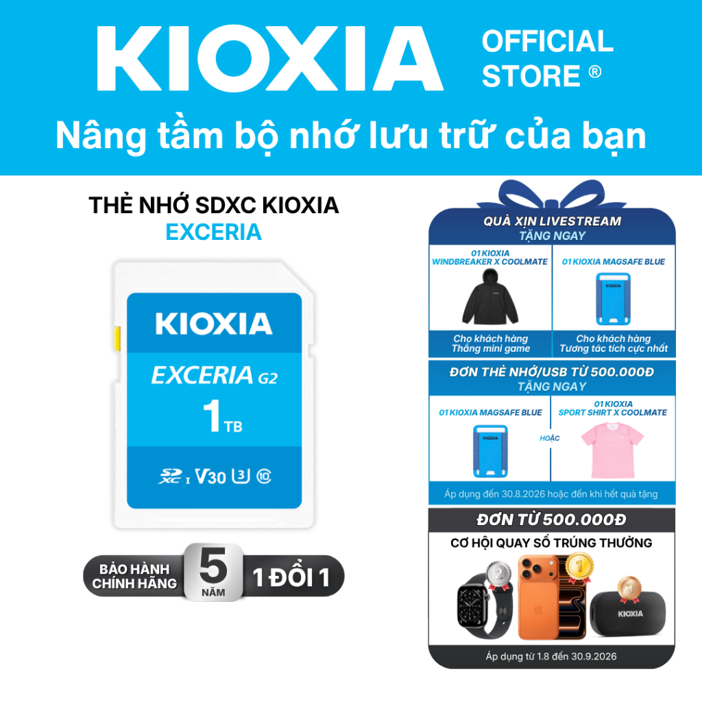Thẻ nhớ SDXC KIOXIA EXCERIA 1TB C10 UHS-I U3 V30 A1 upto 100MB/s LNEX2L001TG4 - Bảo hành 5 năm