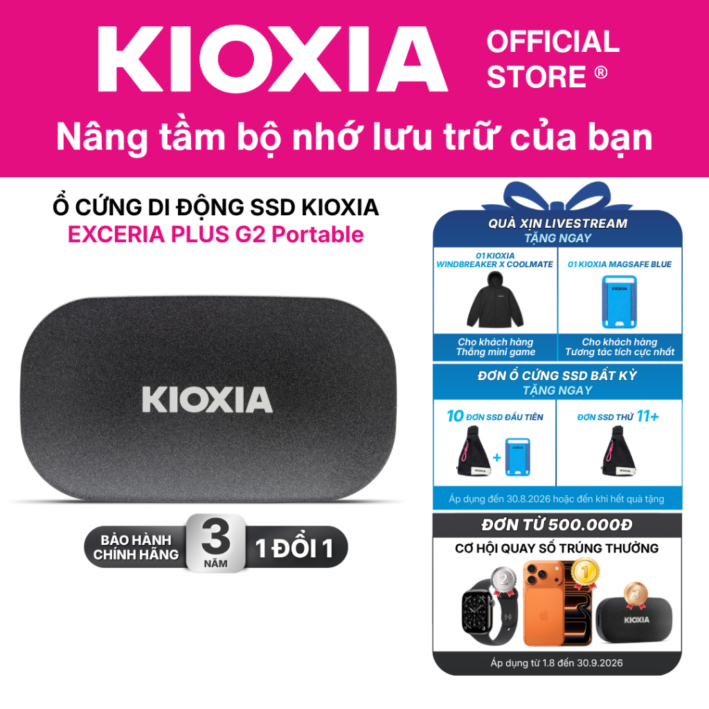 Ổ cứng di động SSD KIOXIA EXCERIA PLUS G2 Portable 1TB / 2TB upto 1050MB/s - Bảo hành 3 năm