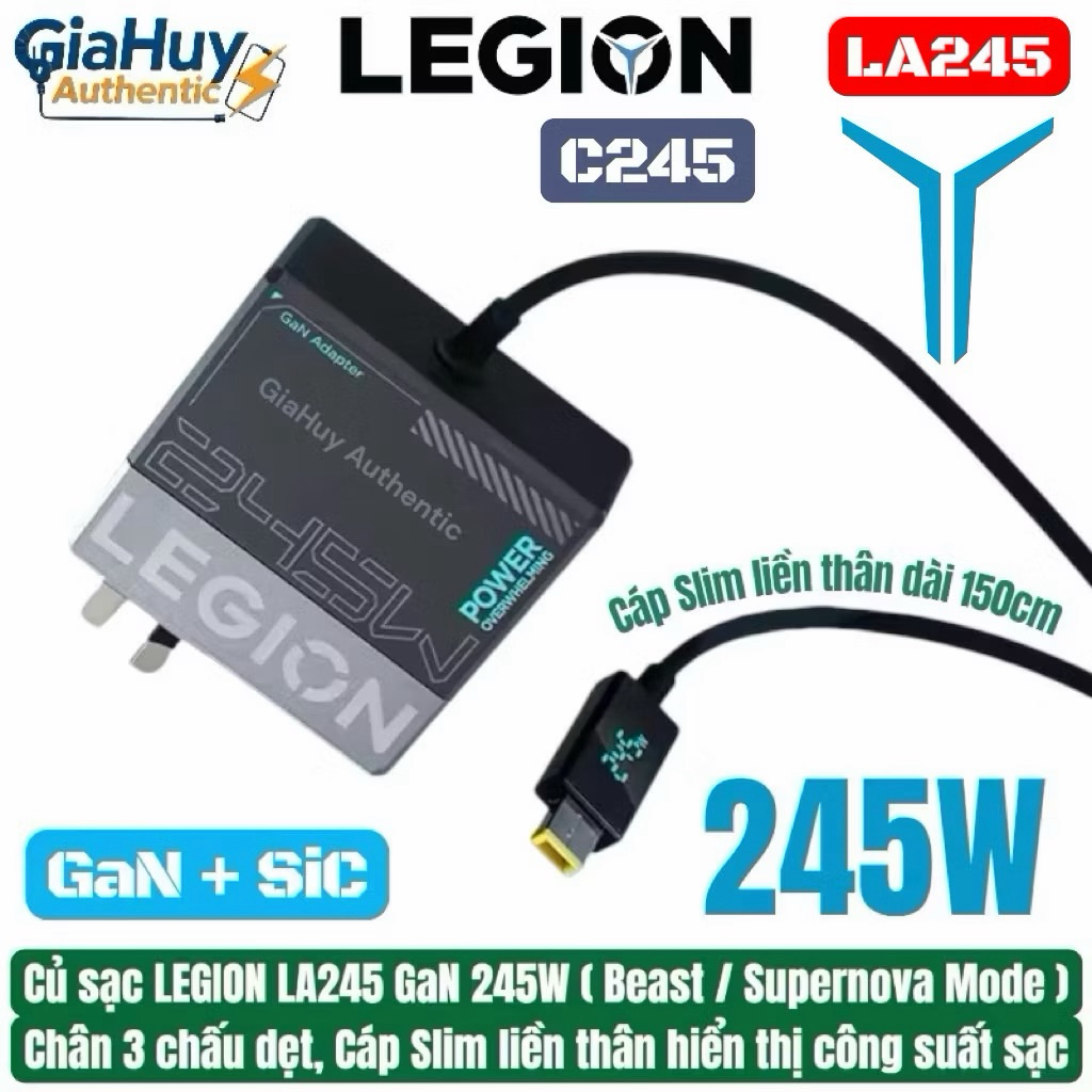 Củ sạc C245 LEGION LA245 245W sạc nhanh Laptop Gaming, Cáp sạc Slim liền thân có màn hình Ai hiển th