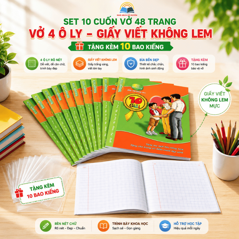 Lốc 10 Cuốn Vở 48 trang  Tặng 10 Bao Kiếng Cho Học Sinh