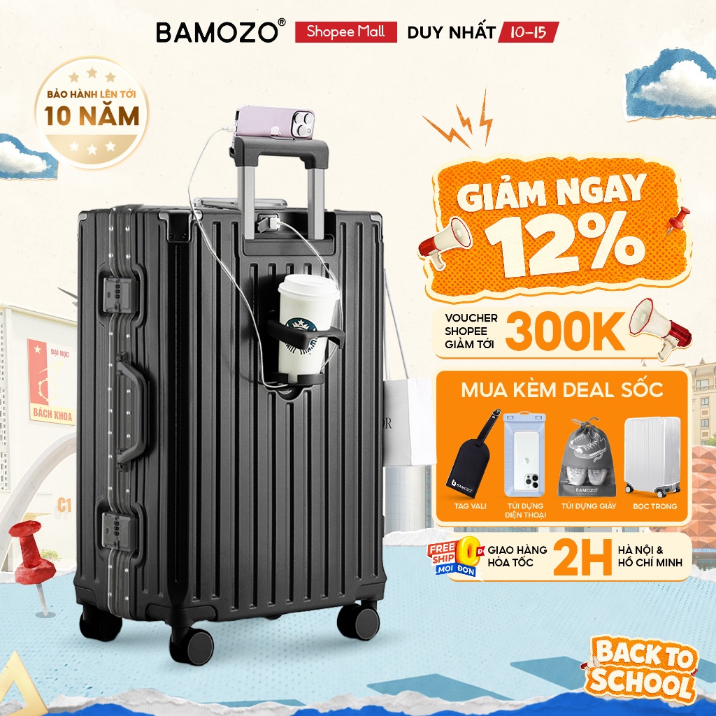 Vali Bamozo Khung Nhôm 9066 Size 20/24/28 Cao Cấp Bo 4 Góc Kim Loại Chống Va Đập_9066