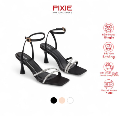 Giày Sandal Cao Gót 7cm Quai Đính Đá Mũi Vuông Pixie H403