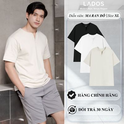 Áo thun tay ngắn cổ tròn xẻ V nam nữ cotton interlock 250gsm LADOS-9141 chất dày dặn, thấm hút, phong cách trẻ trung