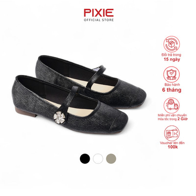 Giày Búp Bê Mũi Tròn Nữ Quai Ngang Đính Hoa Đá Sang Trọng Thời Trang Pixie H415