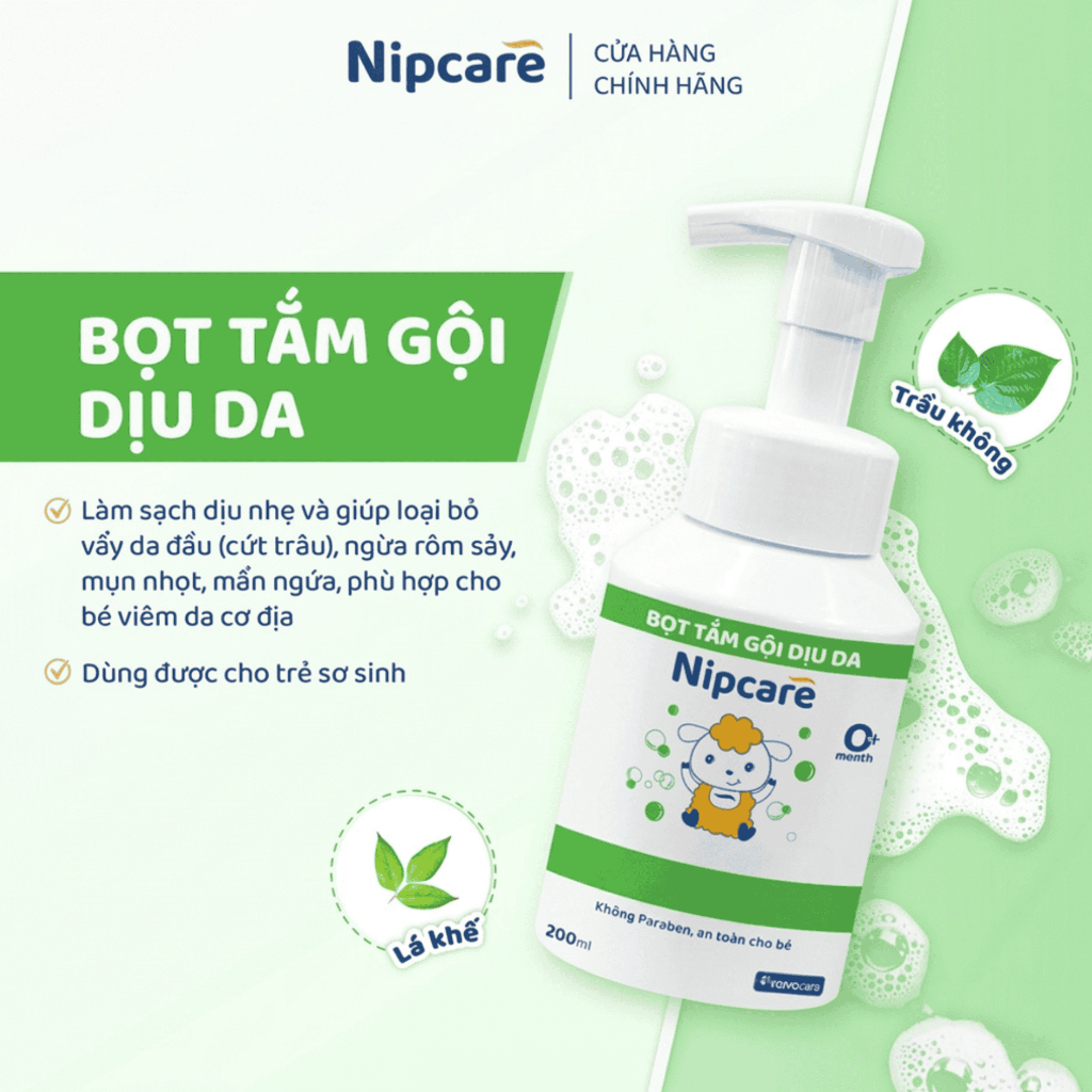 Bọt tắm gội dịu da Nipcare 200ml - hỗ trợ ngừa rôm sảy, mẩn ngứa, phù hợp cho trẻ viêm da cơ địa