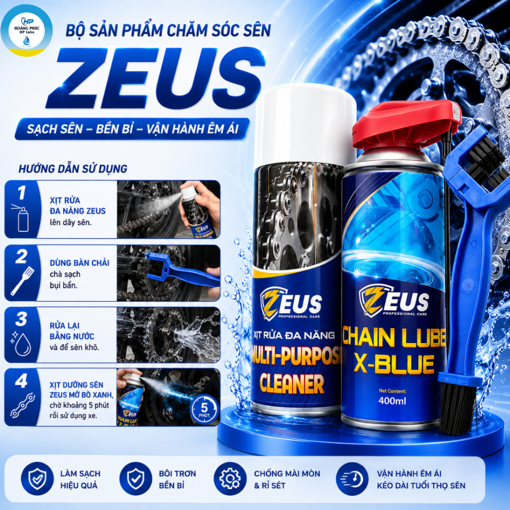 Combo Rửa Sên Dưỡng Sên Xe Máy Zeus 400ml Kèm Bàn Chải Chà Sên 3D