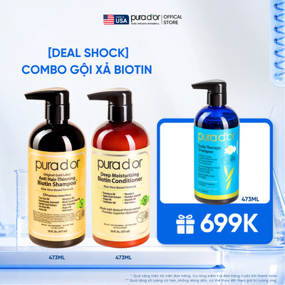 [Deal Shock] Combo Gội Xả Biotin Hỗ Trợ Giảm Rụng & kiềm dầu, phục hồi khô xơ Pura D'or Original Gold Label 473ML/236ML
