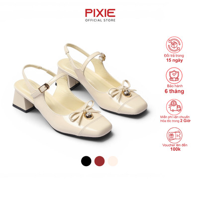 Giày Cao Gót Nữ 4cm Mũi Vuông Da Bóng Phối Nơ Cúc Vàng Thanh Lịch Thời Trang Pixie H464