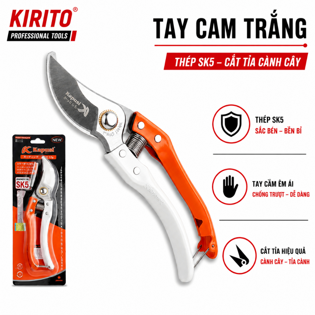 Kéo tỉa cây Nhật Bản Kapusi cao cấp tay cam trắng thép SK5, size 8 inch