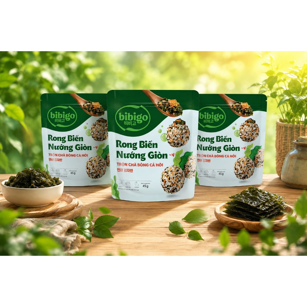 Rong Biển Nướng Giòn Cá Hồi Bibigo 45g (Kèm rong biển vị Nước Tương + rong biển Sigol)
