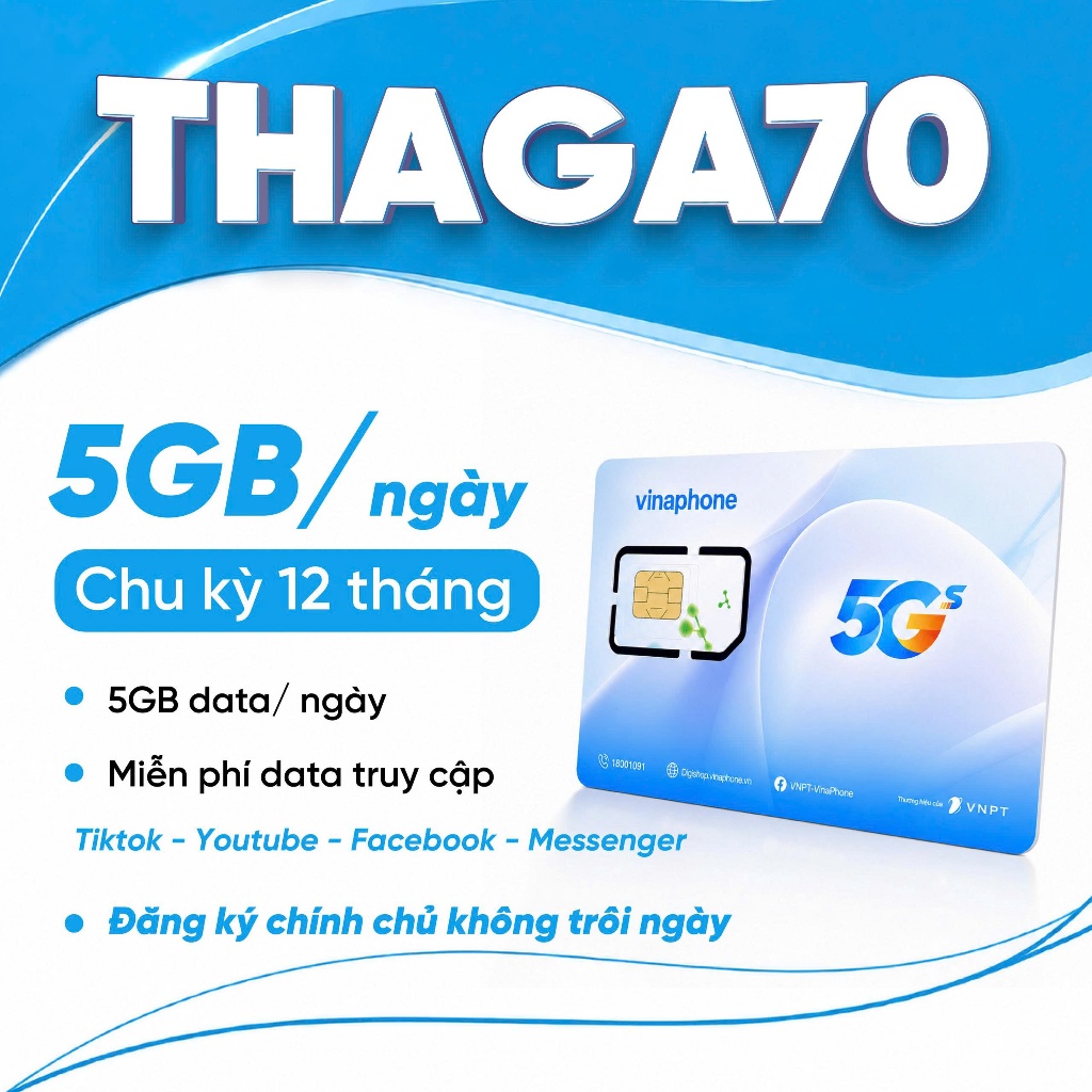 💖[5GB/ngày THAGA70 x 12 tháng] SIM 5G VinaPhone 5GB/ngày  trọn 12 tháng miễn phí  TT,YT,FB,Mess