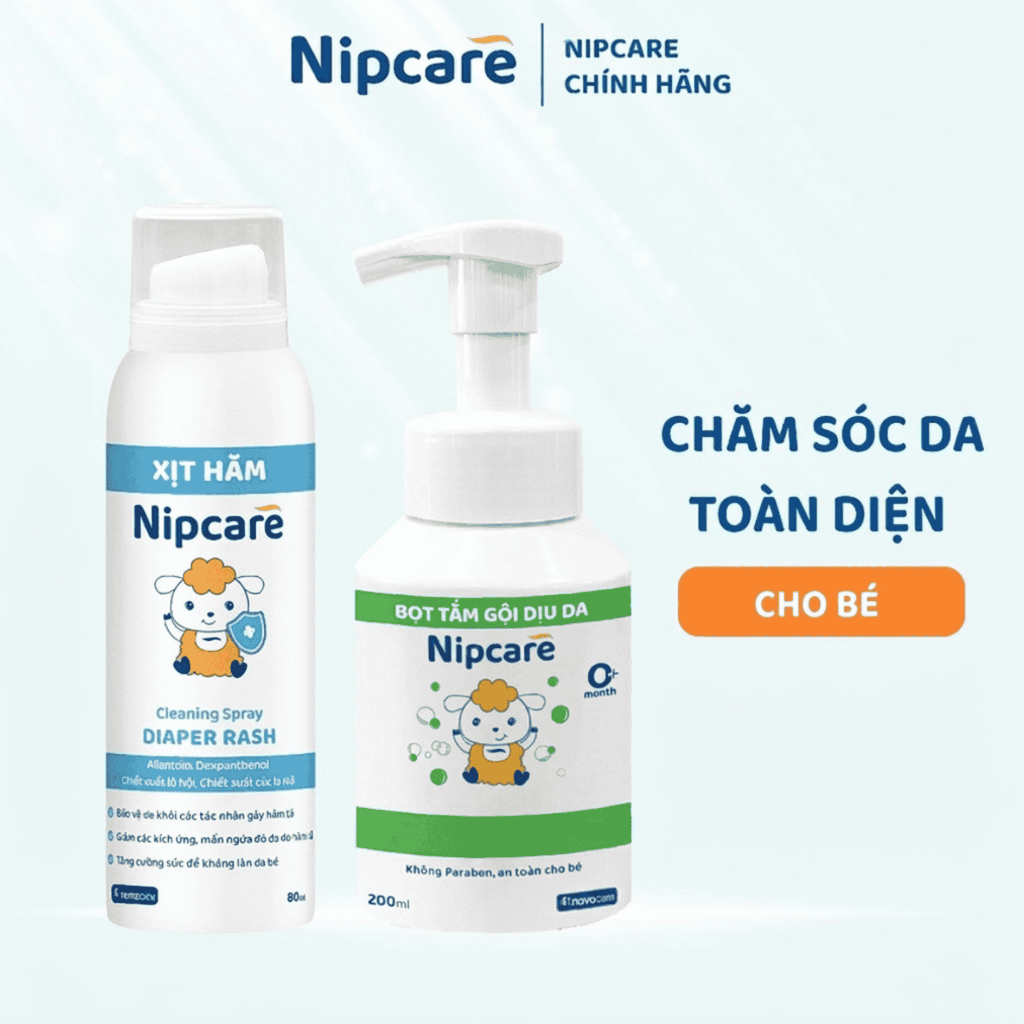 Combo Xịt hăm và Bọt tắm gội dịu da Nipcare 200ml - Chăm sóc vệ sinh da cho bé Nipcare Novocare