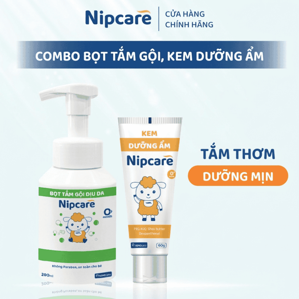 Combo Bọt tắm gội dịu da 200ml, Kem dưỡng ẩm cho bé Nipcare Novocare 60g cho da bé sạch, mịn, thơm