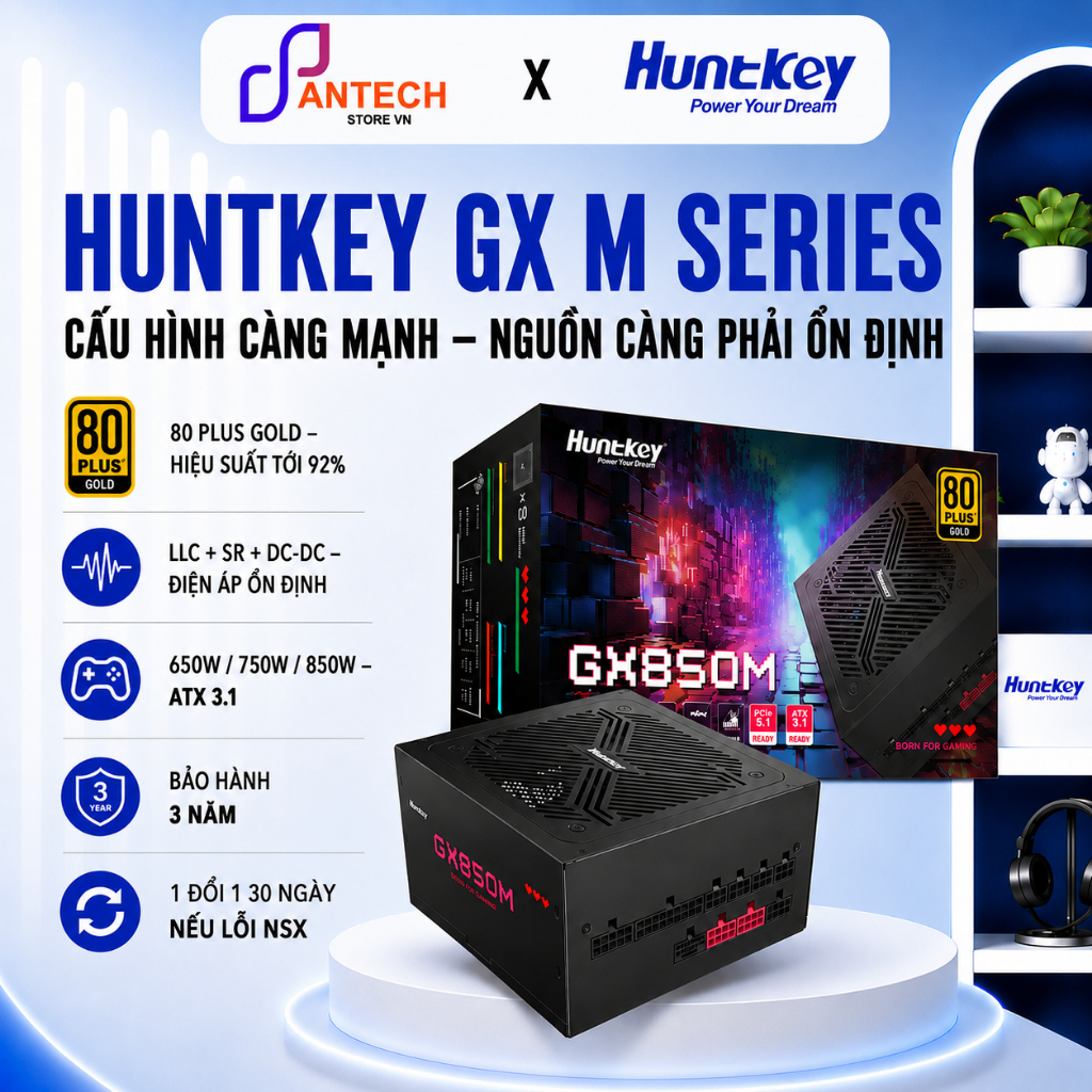 Nguồn Máy Tính Huntkey GX650M GX750M GX850M 650W 750W 850W 80 Plus Gold Gaming PSU ATX - BH 3 Năm