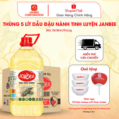 Dầu Đậu Nành Janbee - Thùng 5 Lít 4 Chai - Nguyên Chất 100%, Không Trans Fat