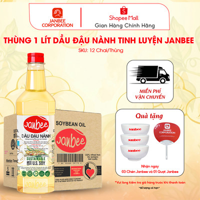 Dầu Đậu Nành Janbee Thùng 12 Chai 1 Lít - Nguyên Chất 100%, Không Trans Fat, Tốt Cho Tim Mạch
