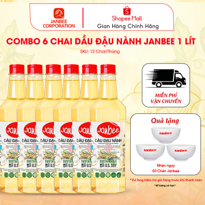 Dầu Ăn Đậu Nành Janbee Combo 6 Chai 1 Lít - Nguyên Chất 100%, Không Trans Fat, Tốt Cho Tim Mạch