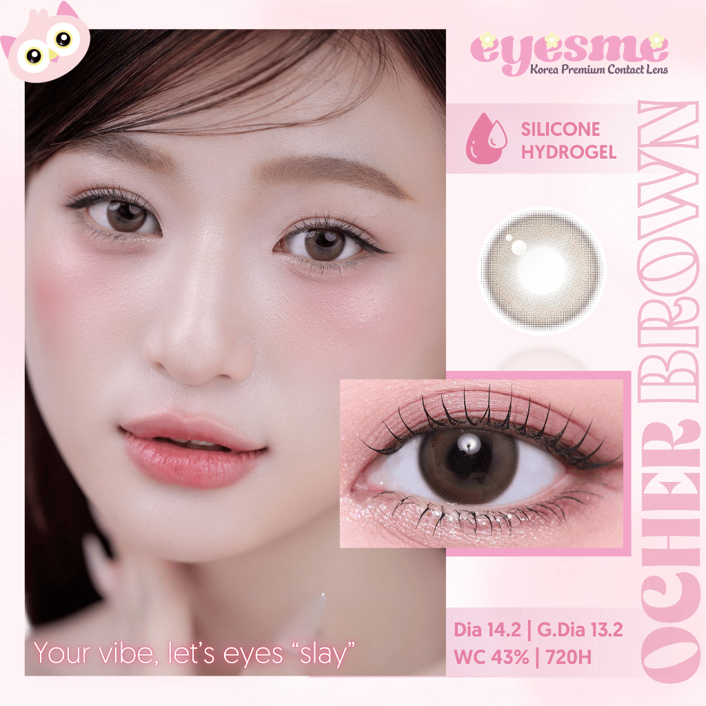 Lens Silicone Hydrogel Eyesme Ocher Brown Lens 14.2 màu lens nâu tự nhiên Kính áp tròng cận Hàn Quốc