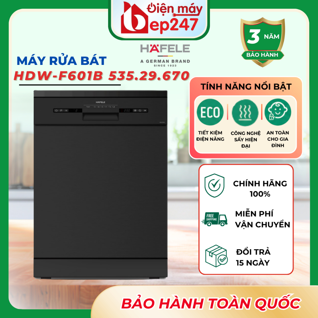 Máy Rửa Chén Hafele HDW-F601B 535.29.670 14 Bộ Độc Lập Inverter Sấy Khô Tiết Kiệm Điện Chính Hãng