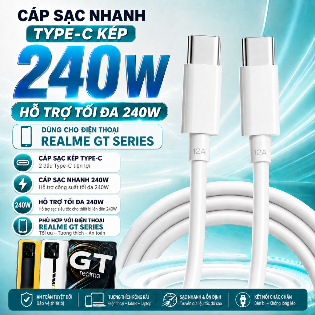 Cáp sạc nhanh Realme 12A , dây sạc nhanh realme GT Type C to C 12A hỗ trợ sạc nhanh công suất đến 24
