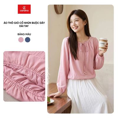 Áo kiểu nữ CARDINA chất liệu thô gió cổ nhún buộc dây dài tay 6AKD07