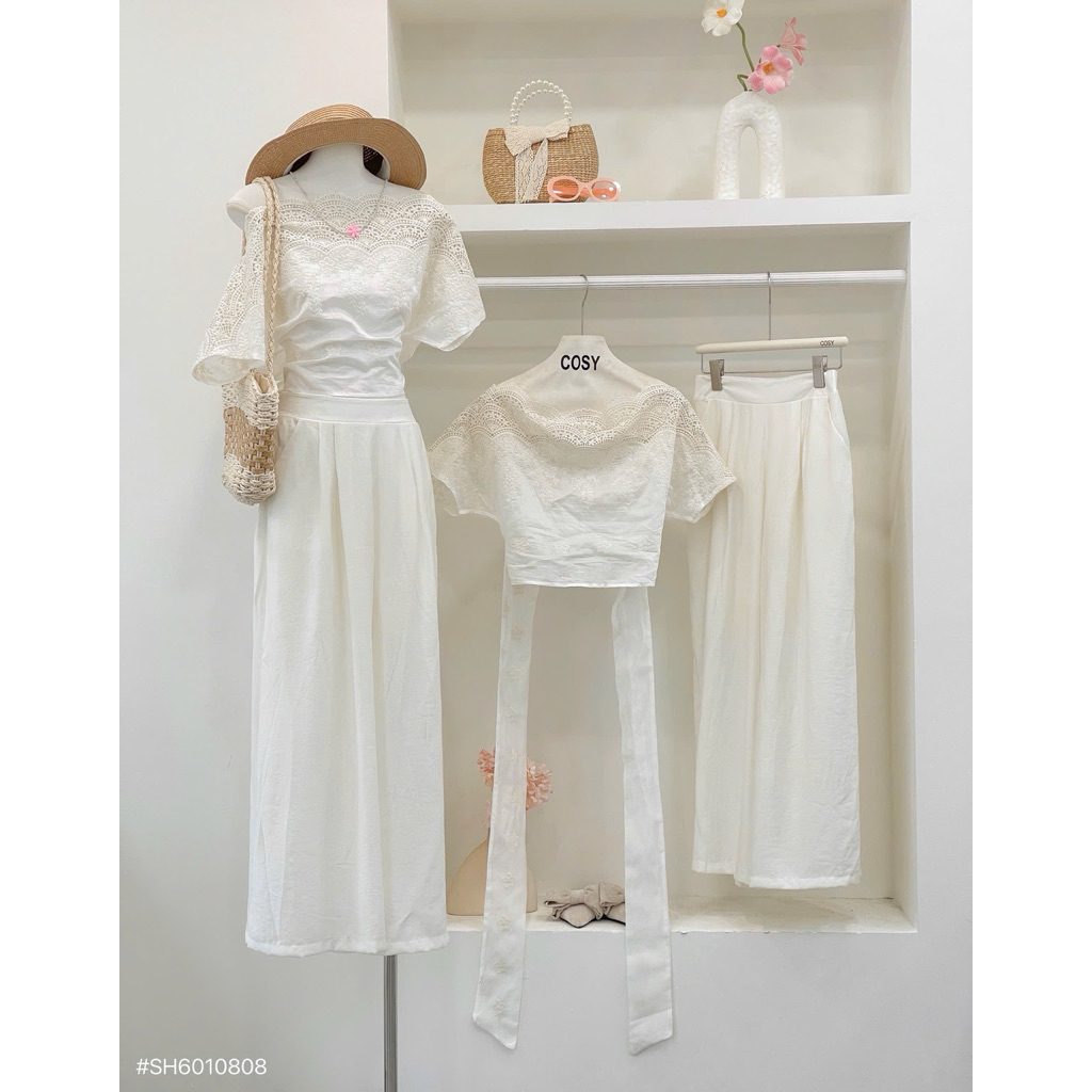 Cosy Sét ren áo trễ vai nơ lưng quần suông cao cấp