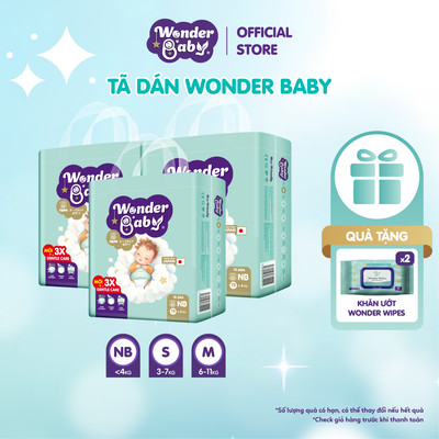 Combo 3 Tã Dán Em Bé Thương Hiệu Nhật Bản WONDER BABY, 5 Lớp Siêu Thấm Hút, Thoáng Khí