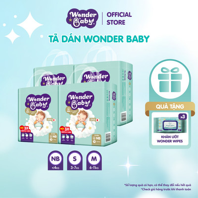 Combo 4 Tã Dán Em Bé Thương Hiệu Nhật Bản WONDER BABY, 5 Lớp Siêu Thấm Hút, Thoáng Khí