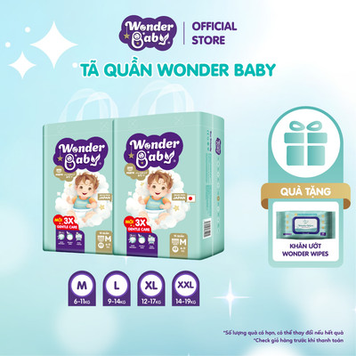 Combo 2 Tã /Bỉm Quần Em Bé Wonder Baby 5 Lớp Siêu Thấm Hút, Thoáng Khí M62/L42/XL39/XXL36