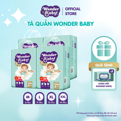 Combo 4 Tã/Bỉm quần Thương Hiệu Nhật Bản WONDER BABY 5 Lớp Siêu Thấm Hút, Thoáng Khí