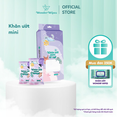 Khăn Ướt Mini Wonder Wipes 8 gói/túi Chiết Xuất Lô Hội, Không Cồn, Không Paraben