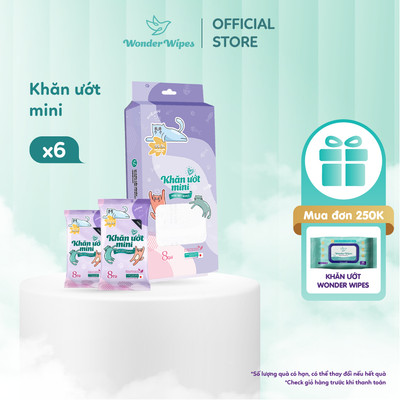 Combo 6 Khăn Ướt Mini Wonder Wipes 8 gói/túi Chiết Xuất Lô Hội, Không Cồn, Không Paraben