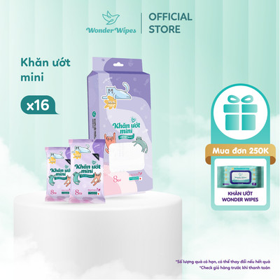Combo 16 Khăn Ướt Mini Wonder Wipes 8 gói/túi Chiết Xuất Lô Hội, Không Cồn, Không Paraben
