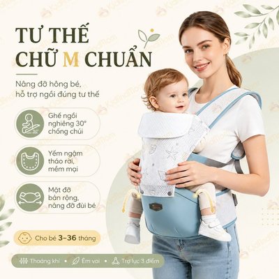 Địu em bé Kidsworld 360 Cool Air Mesh, imama trợ lực thoáng khí có đỡ cổ mũ trùm cho bé