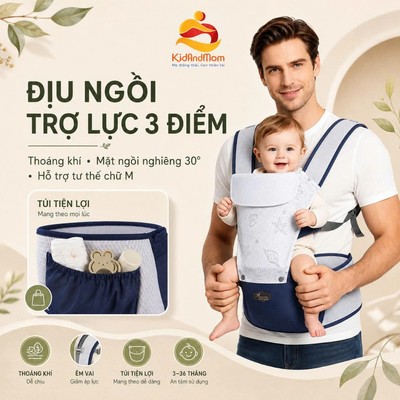 Địu Ngồi em bé IMAMA,Trợ lực 3 điểm mặt ngồi nghiêng 30°,Tư Thế Chữ M Thoáng khí 3-36M+, KidAndMom