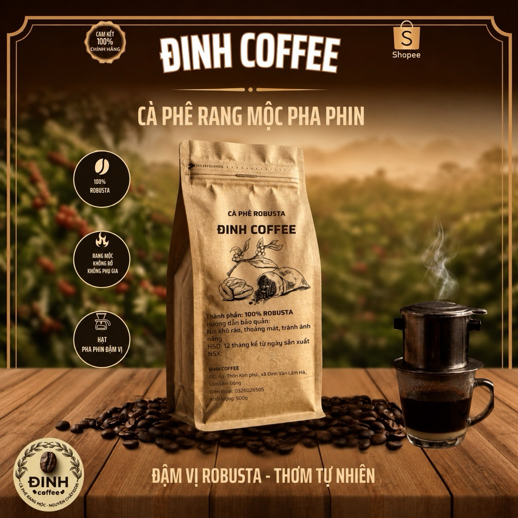 cà phê hạt robusta 100% - ĐINH COFFEE - 500g giá sỉ đậm, thơm cafein cao