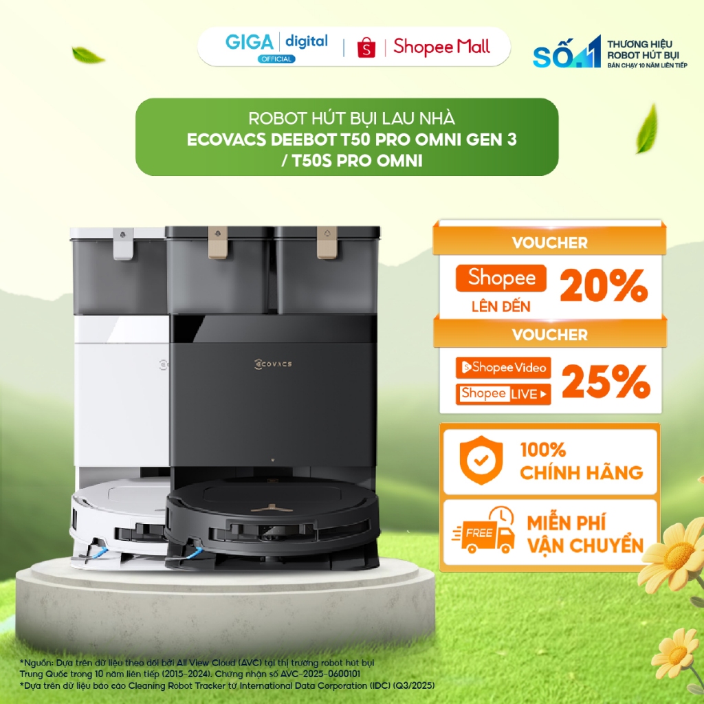 Ecovacs DEEBOT T50 PRO OMNI Gen 3/ T50S Pro Omni Robot hút bụi lau nhà | TruEdge 2.0 làm sạch cạnh