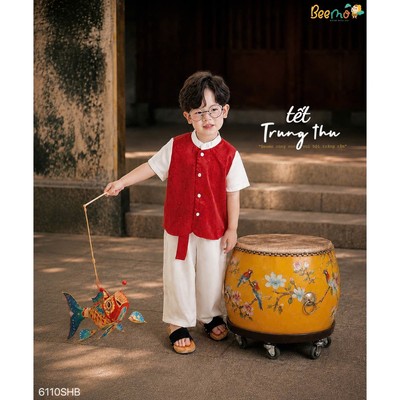 Set bộ Trung Thu Beemo cổ tàu phối gấm và lụa ngọc trai in hình cá chép chìm cho bé trai từ 9-24kg 6110SHB