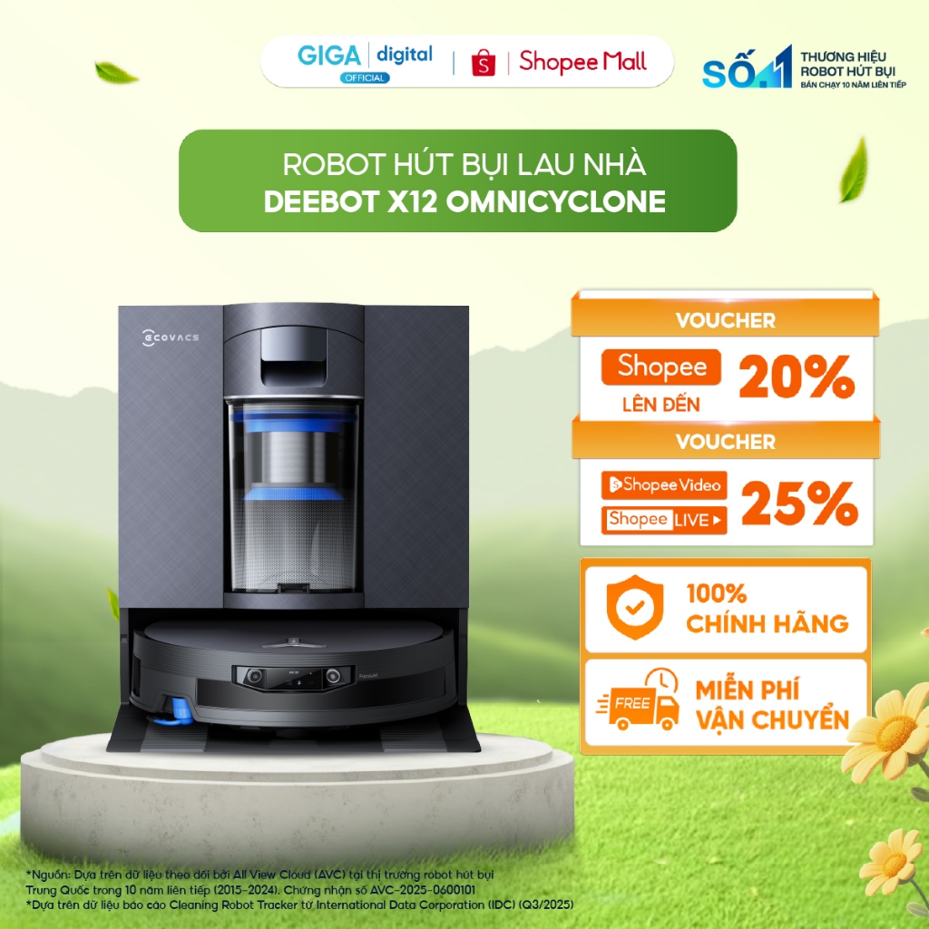 Ecovacs DEEBOT X12 OmniCyclone Robot hút bụi lau nhà | Lực hút 22.000Pa | Bảo hành 24 Tháng