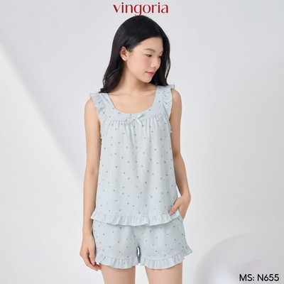 Bộ ngủ hai dây mặc nhà chất đũi VINGO/VINGORIA mặc xuân hè N655