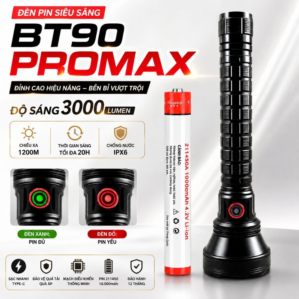 đèn pin chiếu xa bt90 pro max , pin 10.000mah, sáng 3000lm