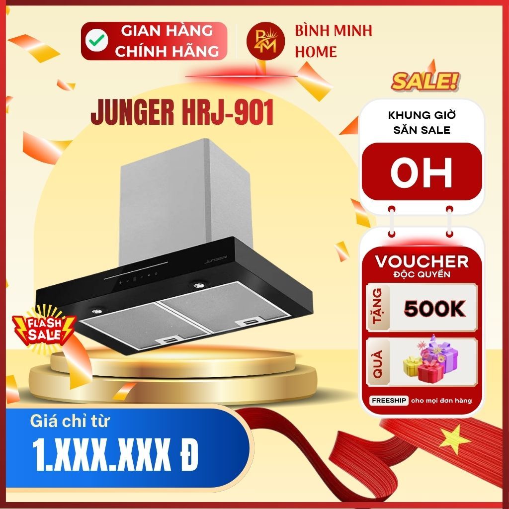 Máy hút mùi Junger HRJ-901. Hút 1600m³/h, điều khiển vẫy tay, tự làm sạch bằng sấy nhiệt.