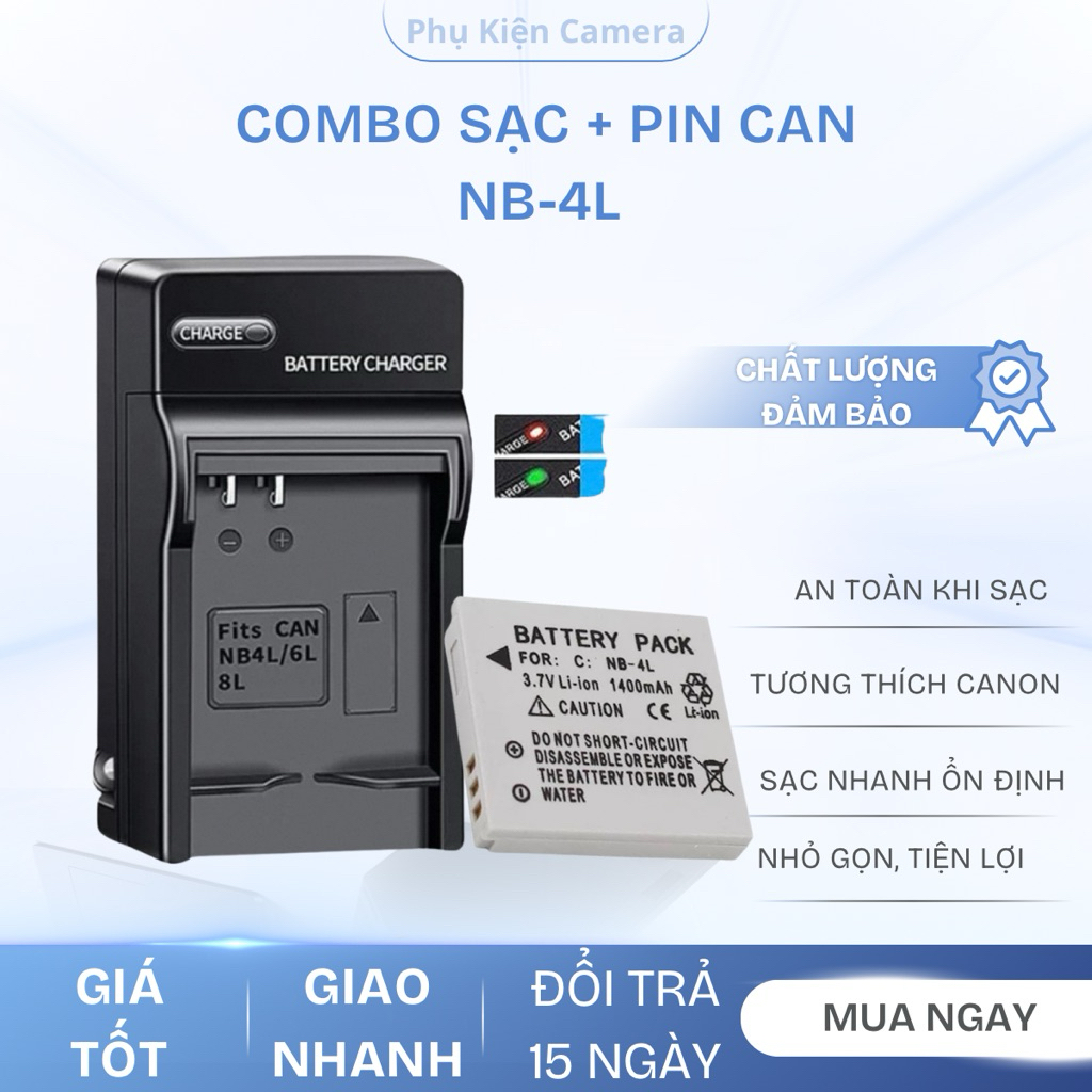 Combo Sạc + Pin Canon NB-4L 1400mAh Cho Máy Ảnh Canon IXUS 60, 65, 70, 75, 80 IS, 100, 110, 120 IS, 