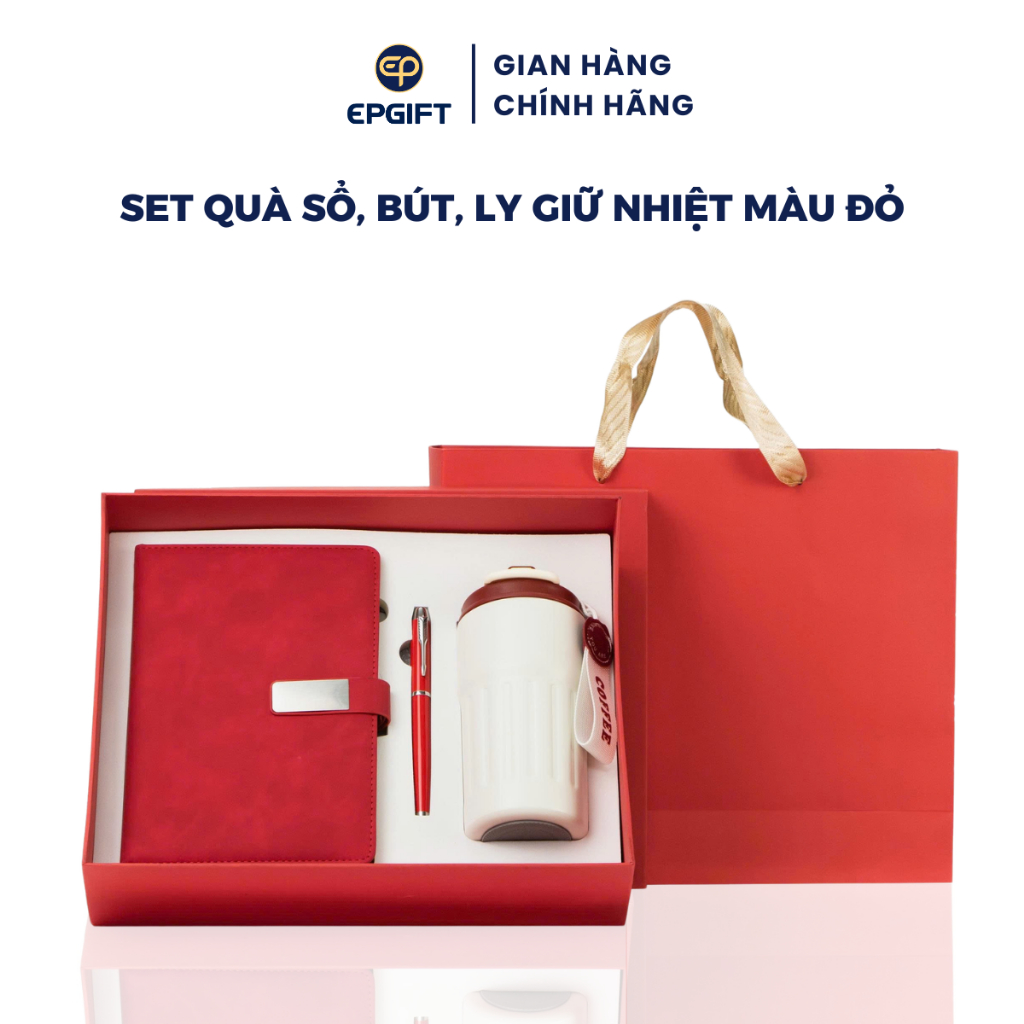 Set Quà Tặng Sổ, Bút Và Ly Giữ Nhiệt Epvina Gift Màu Đỏ Kèm Túi Xách