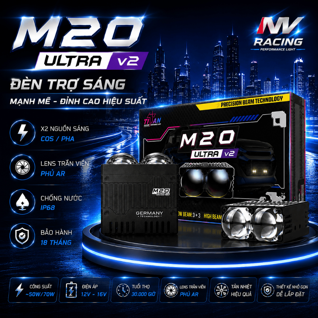 M20 Ultra V2, Đèn Trợ Sáng Bi Cầu Titan M20 Ultra Ver 2 70W Siêu Sáng Chiếu Xa 400M - BH 18 Tháng